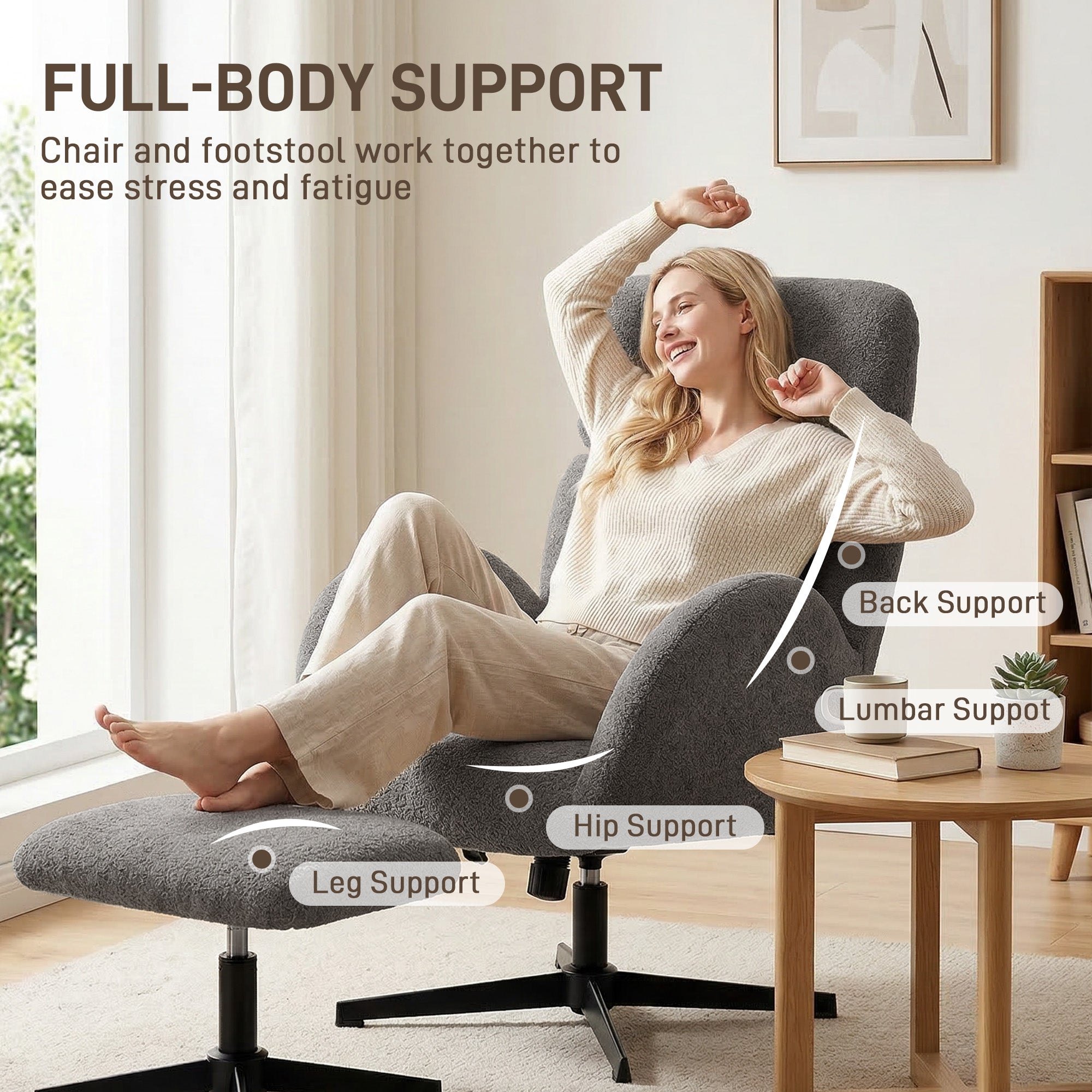 Swivel Recliner with Ottoman, Velvet-Look Textured Upholstery, Adjustable Headrest & Height, Tilt Function, Living Room Armchair, Gray