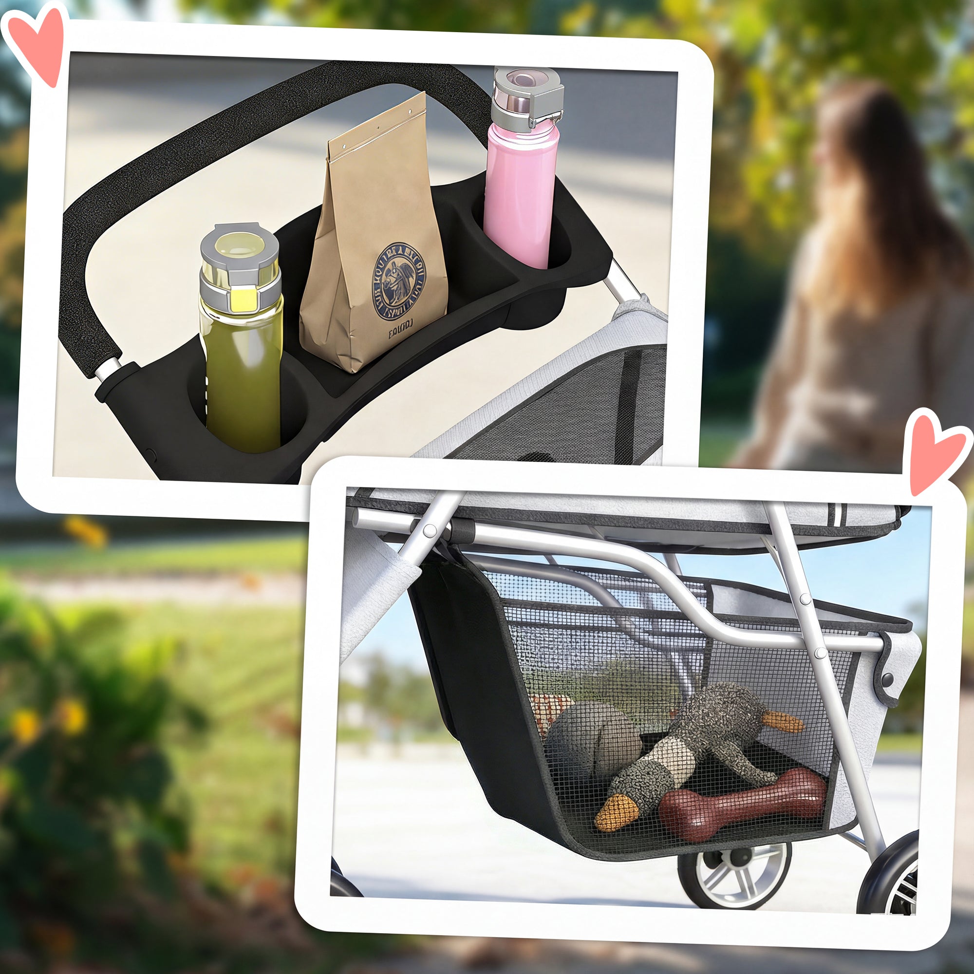 Foldable Pet Stroller, up to 22 lb, 3-Wheel Small Dog & Cat Stroller with Adjustable Canopy, Mesh Windows, Cup Holder, EVA Wheels & Brakes — Light Gray