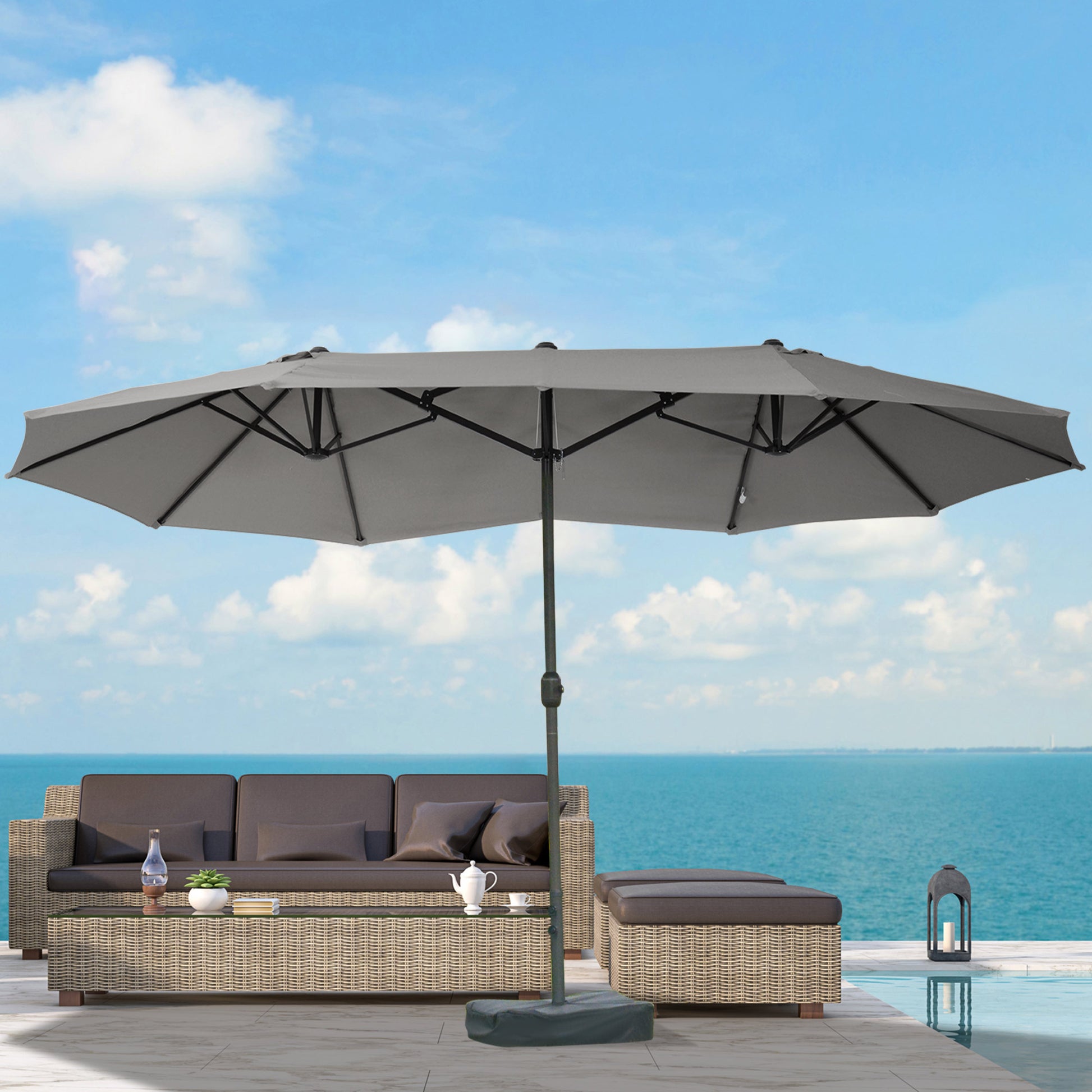 Double Sun Shade 455 x 265 cm, UV Protection Sunshade with Hand Crank, Stand, Balcony Umbrella Beach Umbrella Windproof Crank Umbrella Sun Protection for Beach Balcony Garden, Dark Gray