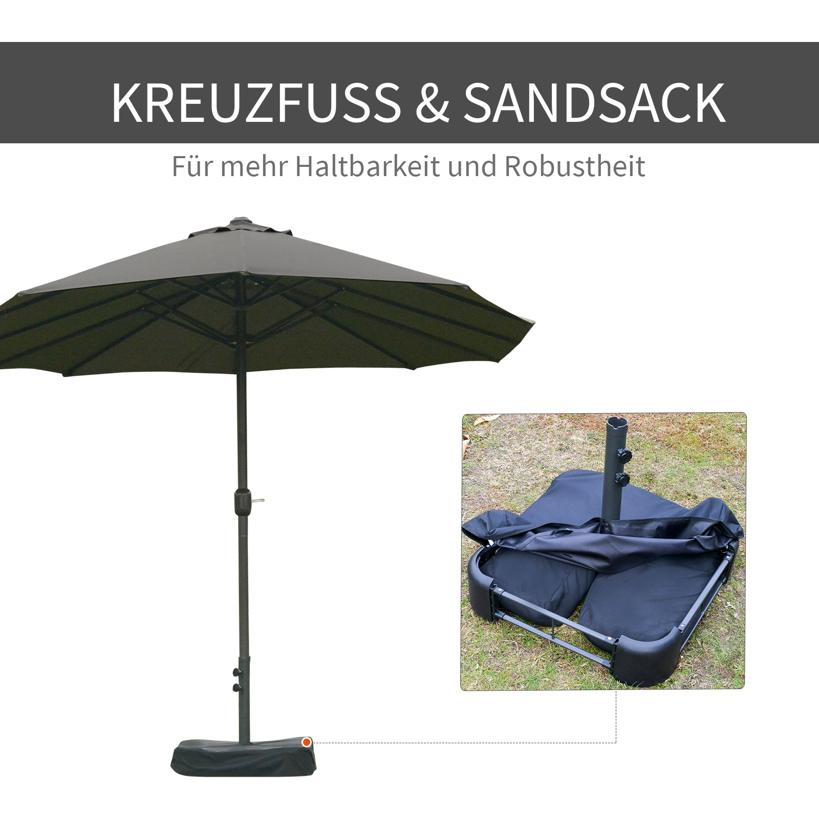 Double Sun Shade 455 x 265 cm, UV Protection Sunshade with Hand Crank, Stand, Balcony Umbrella Beach Umbrella Windproof Crank Umbrella Sun Protection for Beach Balcony Garden, Dark Gray