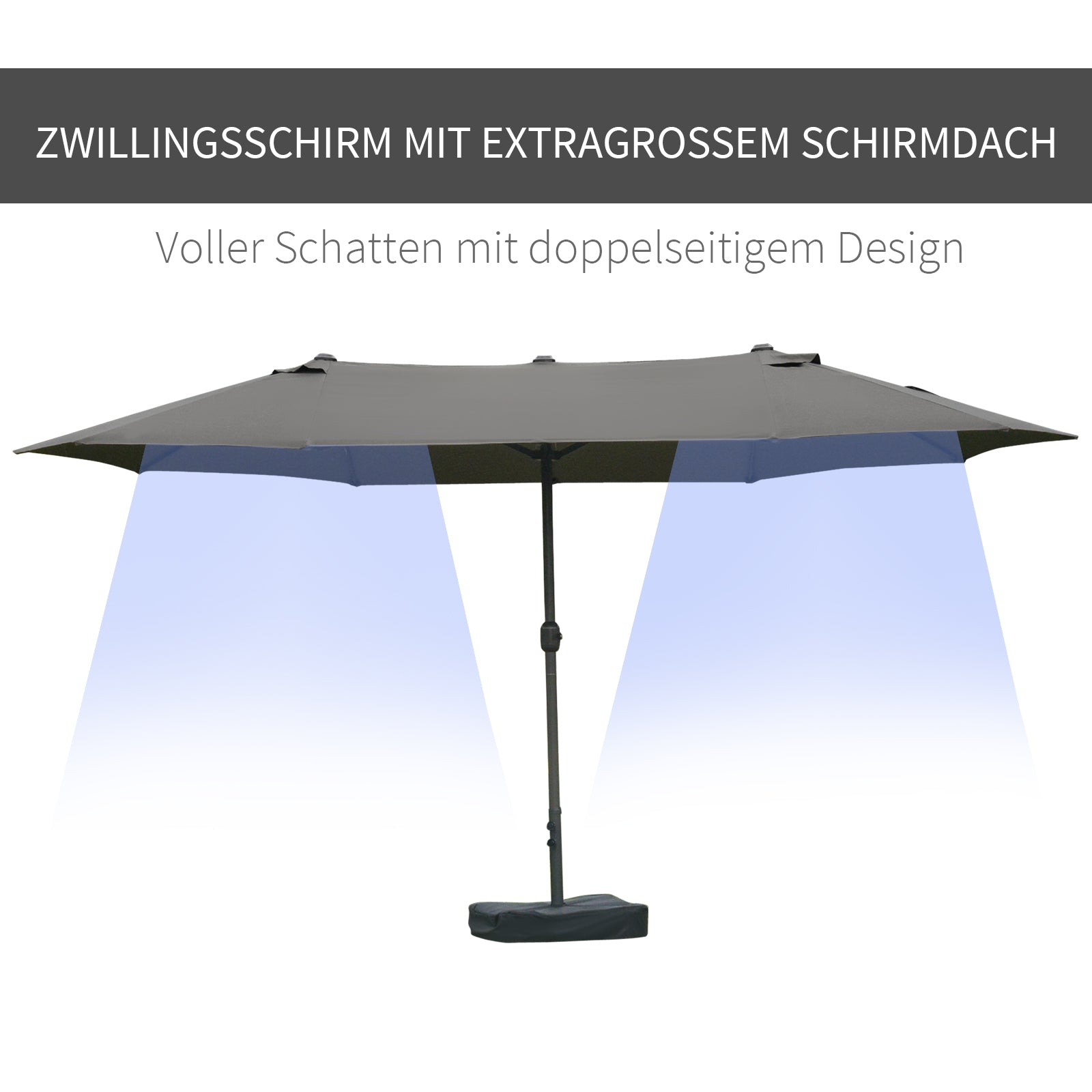 Double Sun Shade 455 x 265 cm, UV Protection Sunshade with Hand Crank, Stand, Balcony Umbrella Beach Umbrella Windproof Crank Umbrella Sun Protection for Beach Balcony Garden, Dark Gray