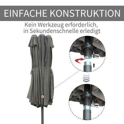 Double Sun Shade 455 x 265 cm, UV Protection Sunshade with Hand Crank, Stand, Balcony Umbrella Beach Umbrella Windproof Crank Umbrella Sun Protection for Beach Balcony Garden, Dark Gray