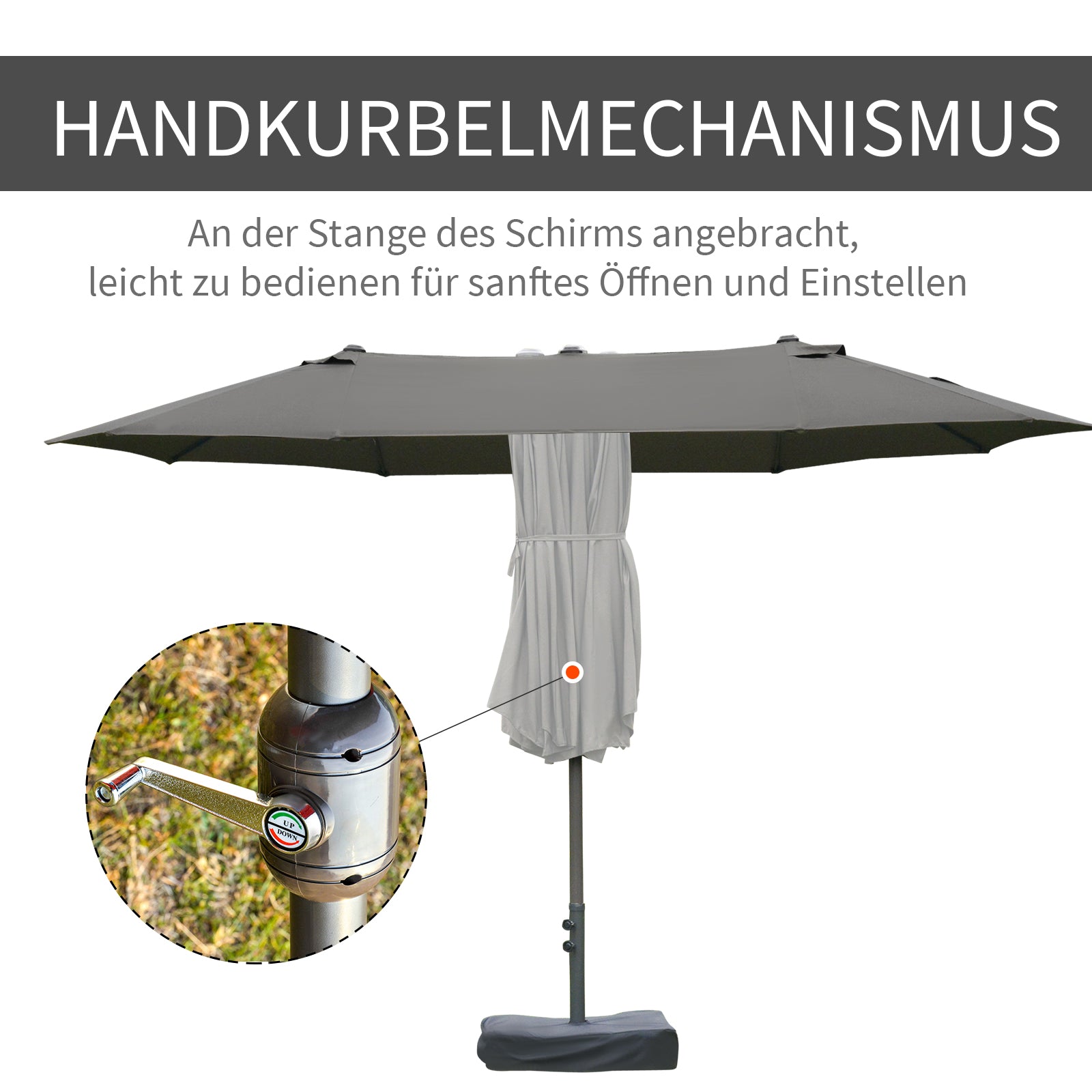 Double Sun Shade 455 x 265 cm, UV Protection Sunshade with Hand Crank, Stand, Balcony Umbrella Beach Umbrella Windproof Crank Umbrella Sun Protection for Beach Balcony Garden, Dark Gray