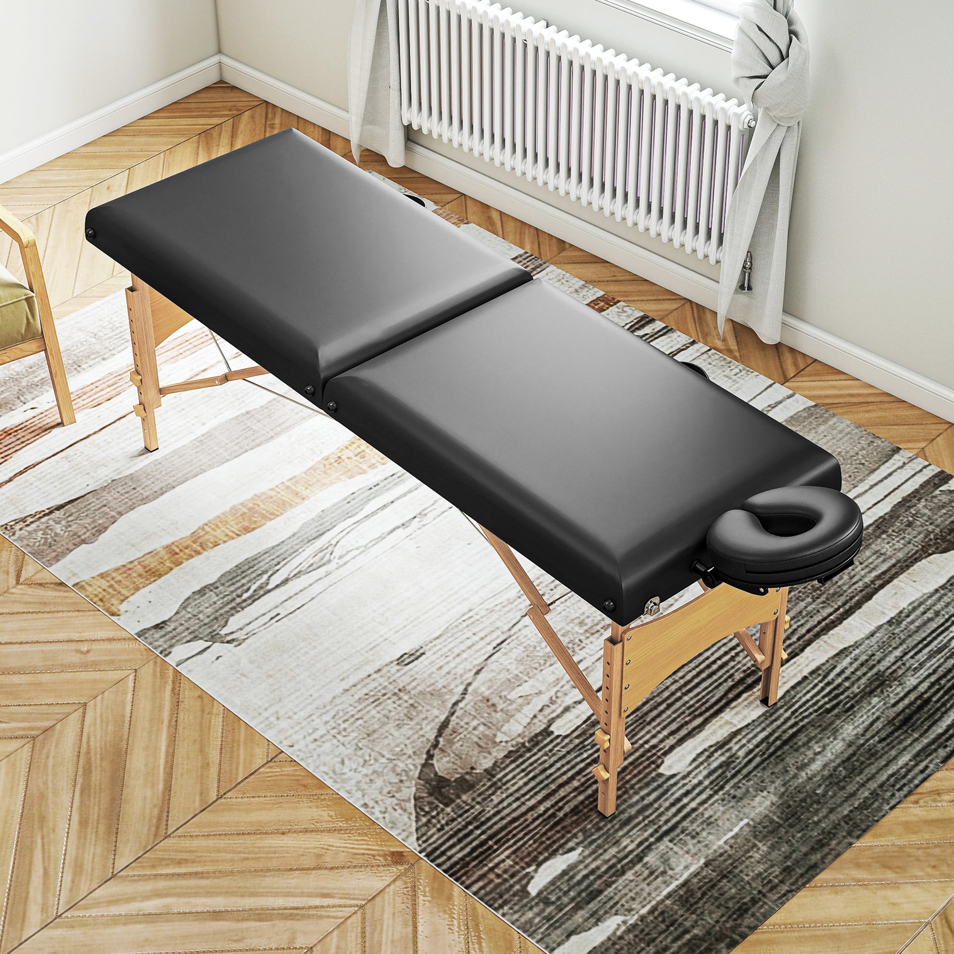Mobile Massage Table 2 Zones Foldable Massage Bed Height Adjustable Massage Table 70 cm Wide with Headrest, Wooden Legs Massage Couch Cosmetology Bed Black