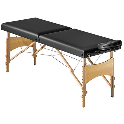 Mobile Massage Table 2 Zones Foldable Massage Bed Height Adjustable Massage Table 70 cm Wide with Headrest, Wooden Legs Massage Couch Cosmetology Bed Black