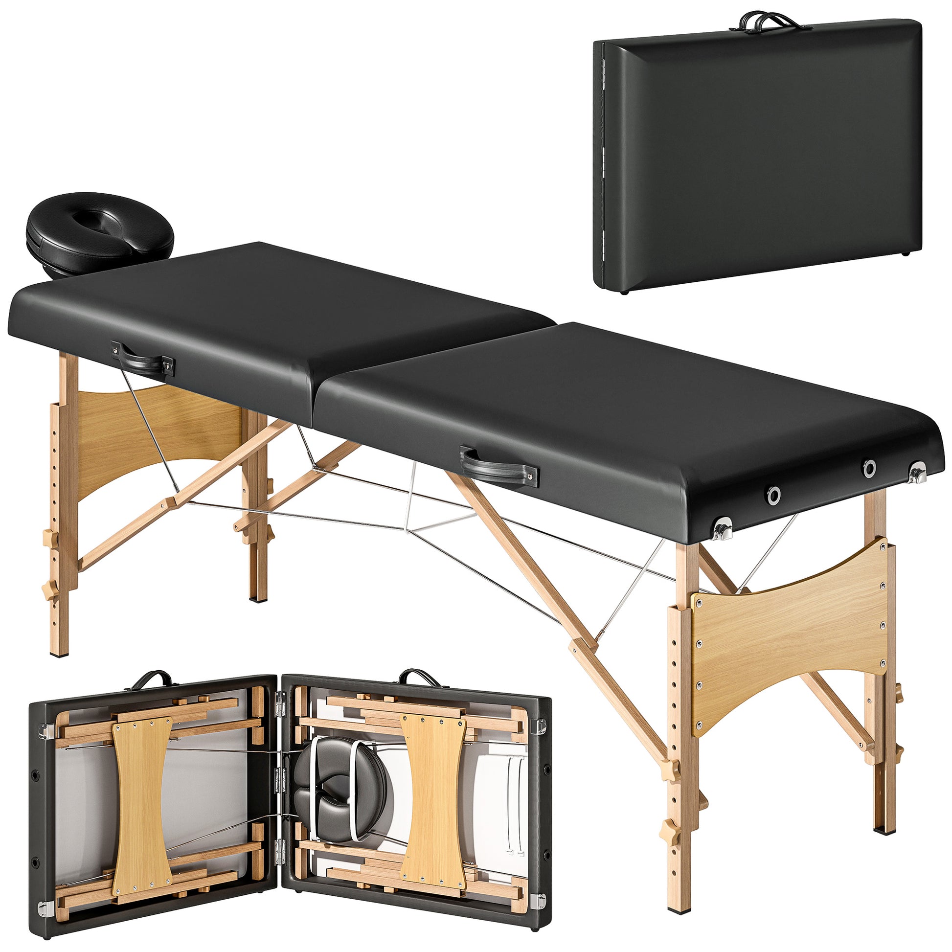 Mobile Massage Table 2 Zones Foldable Massage Bed Height Adjustable Massage Table 70 cm Wide with Headrest, Wooden Legs Massage Couch Cosmetology Bed Black