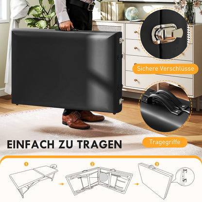 Mobile Massage Table 2 Zones Foldable Massage Bed Height Adjustable Massage Table 70 cm Wide with Headrest, Wooden Legs Massage Couch Cosmetology Bed Black