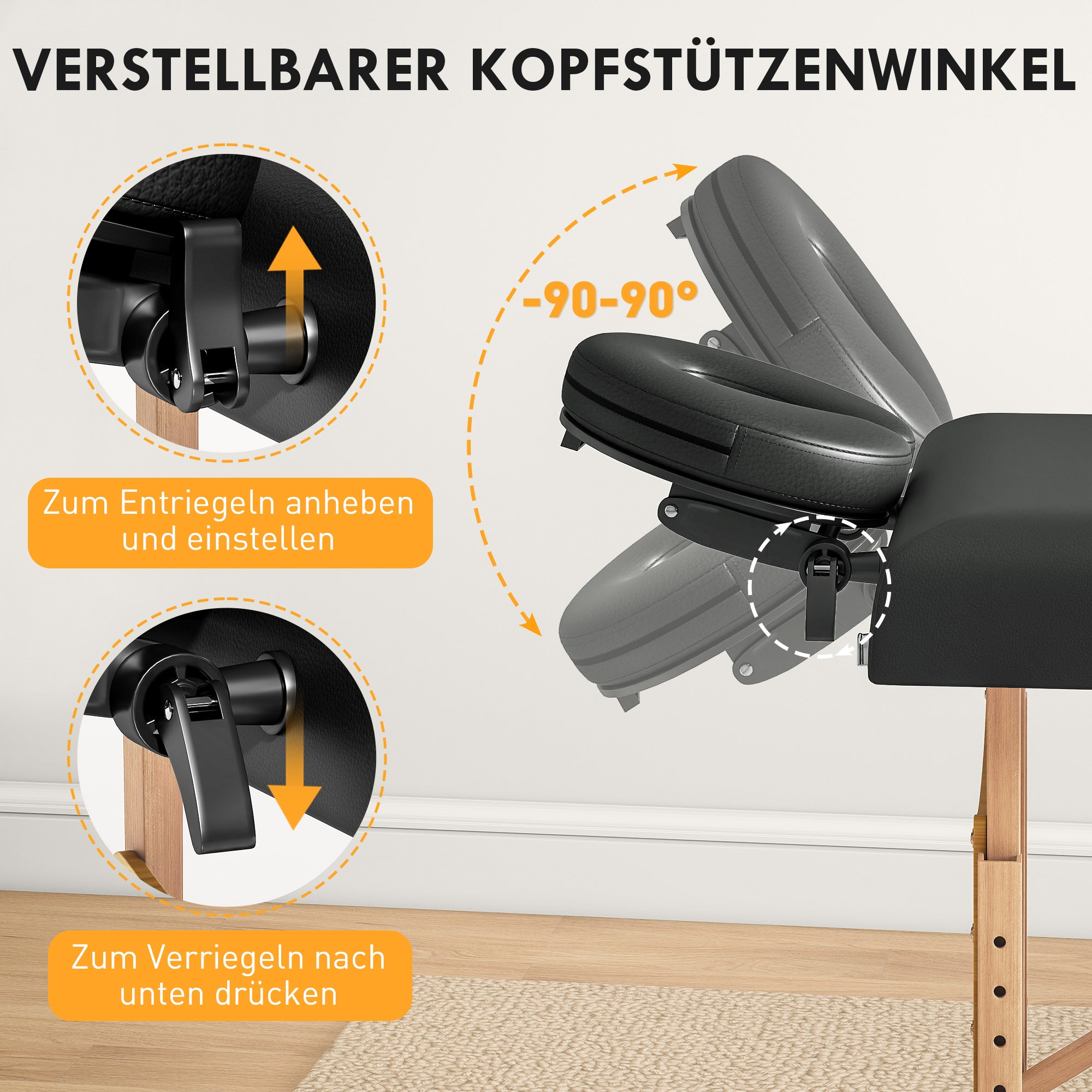 Mobile Massage Table 2 Zones Foldable Massage Bed Height Adjustable Massage Table 70 cm Wide with Headrest, Wooden Legs Massage Couch Cosmetology Bed Black