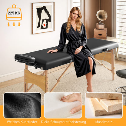 Mobile Massage Table 2 Zones Foldable Massage Bed Height Adjustable Massage Table 70 cm Wide with Headrest, Wooden Legs Massage Couch Cosmetology Bed Black