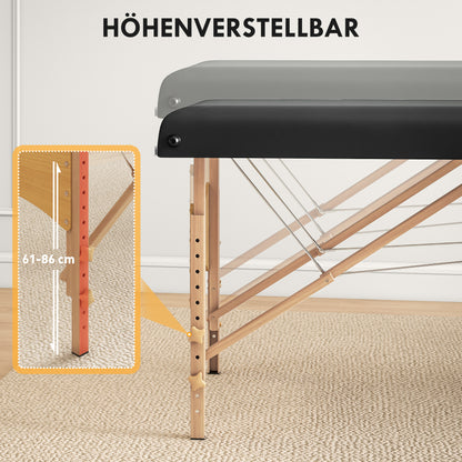 Mobile Massage Table 2 Zones Foldable Massage Bed Height Adjustable Massage Table 70 cm Wide with Headrest, Wooden Legs Massage Couch Cosmetology Bed Black