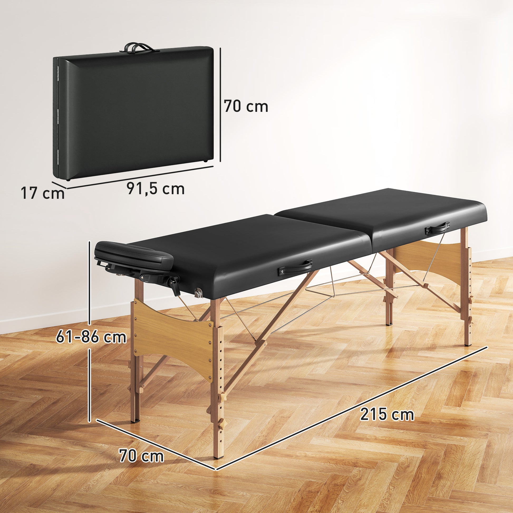 Mobile Massage Table 2 Zones Foldable Massage Bed Height Adjustable Massage Table 70 cm Wide with Headrest, Wooden Legs Massage Couch Cosmetology Bed Black