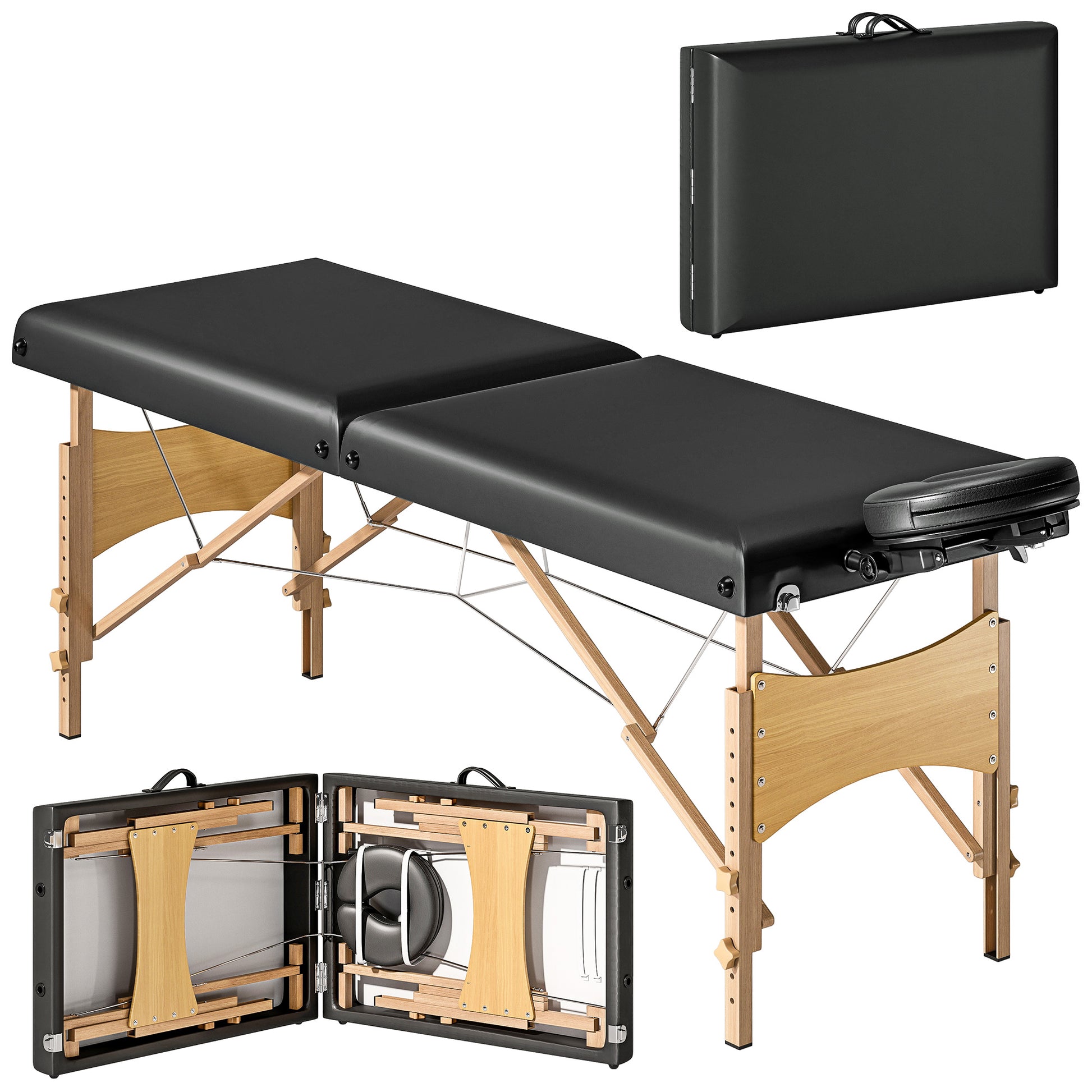 Mobile Massage Table 2 Zones Foldable Massage Bed Height Adjustable Massage Table 70 cm Wide with Headrest, Wooden Legs Massage Couch Cosmetology Bed Black