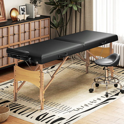 Mobile Massage Table 2 Zones Foldable Massage Bed Height Adjustable Massage Table 70 cm Wide with Headrest, Wooden Legs Massage Couch Cosmetology Bed Black