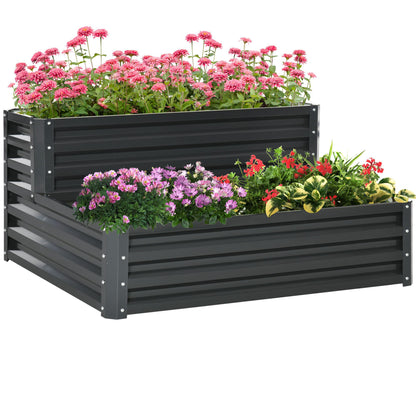 2-Tier Urban Garden Planter Outdoor Steel Planting Box with Stair Design for Growing Medicinal Plants Herbs Flowers for Terrace Garden 120x101x58 cm Dark Gray