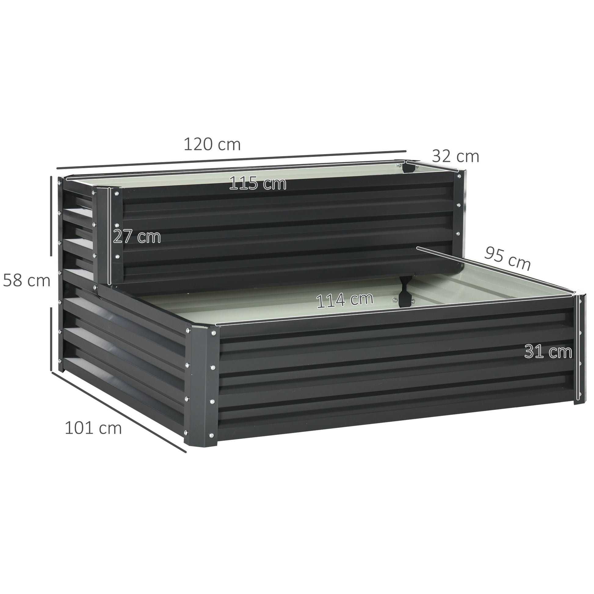 2-Tier Urban Garden Planter Outdoor Steel Planting Box with Stair Design for Growing Medicinal Plants Herbs Flowers for Terrace Garden 120x101x58 cm Dark Gray