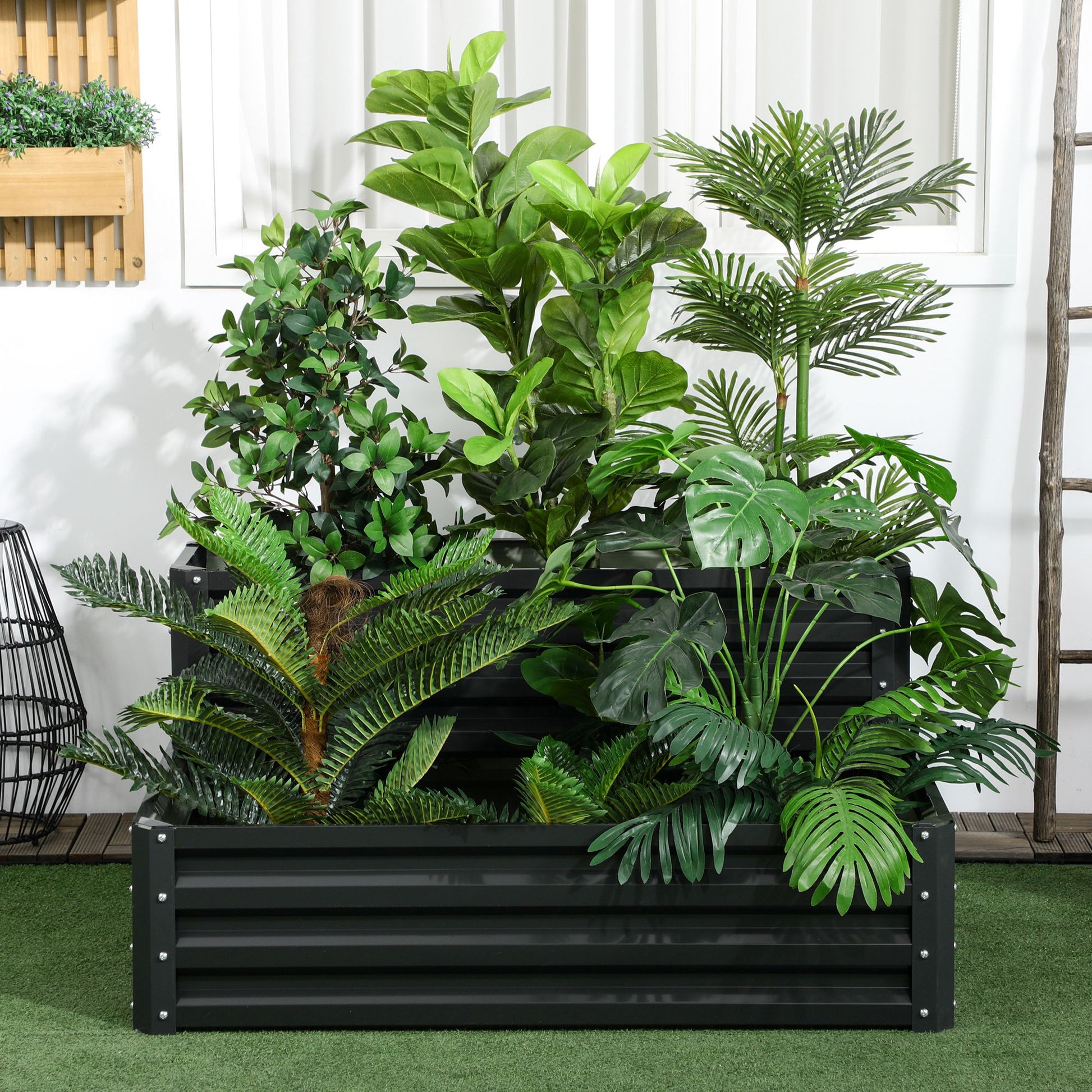 2-Tier Urban Garden Planter Outdoor Steel Planting Box with Stair Design for Growing Medicinal Plants Herbs Flowers for Terrace Garden 120x101x58 cm Dark Gray