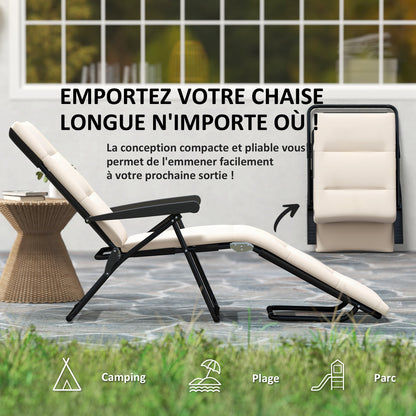 Foldable Sun Lounger Reclining 6 Positions High Comfort with Mattress + Armrests Steel Polyester Cream