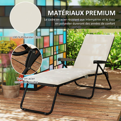 Foldable Sun Lounger Reclining 6 Positions High Comfort with Mattress + Armrests Steel Polyester Cream