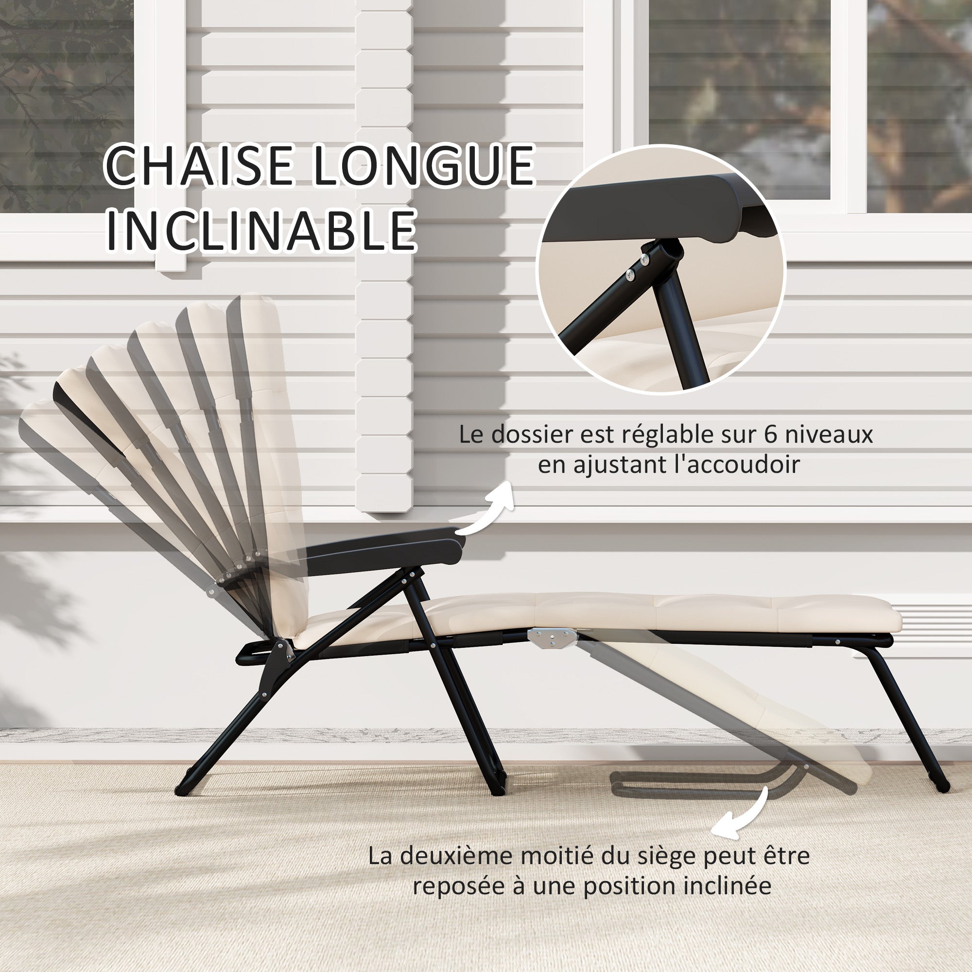 Foldable Sun Lounger Reclining 6 Positions High Comfort with Mattress + Armrests Steel Polyester Cream
