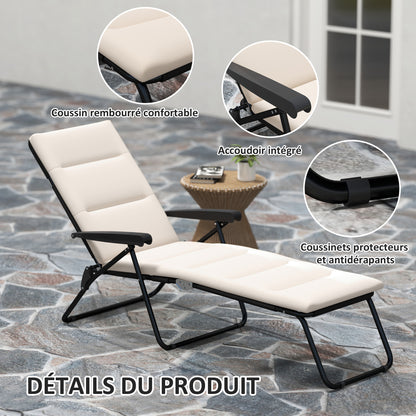 Foldable Sun Lounger Reclining 6 Positions High Comfort with Mattress + Armrests Steel Polyester Cream