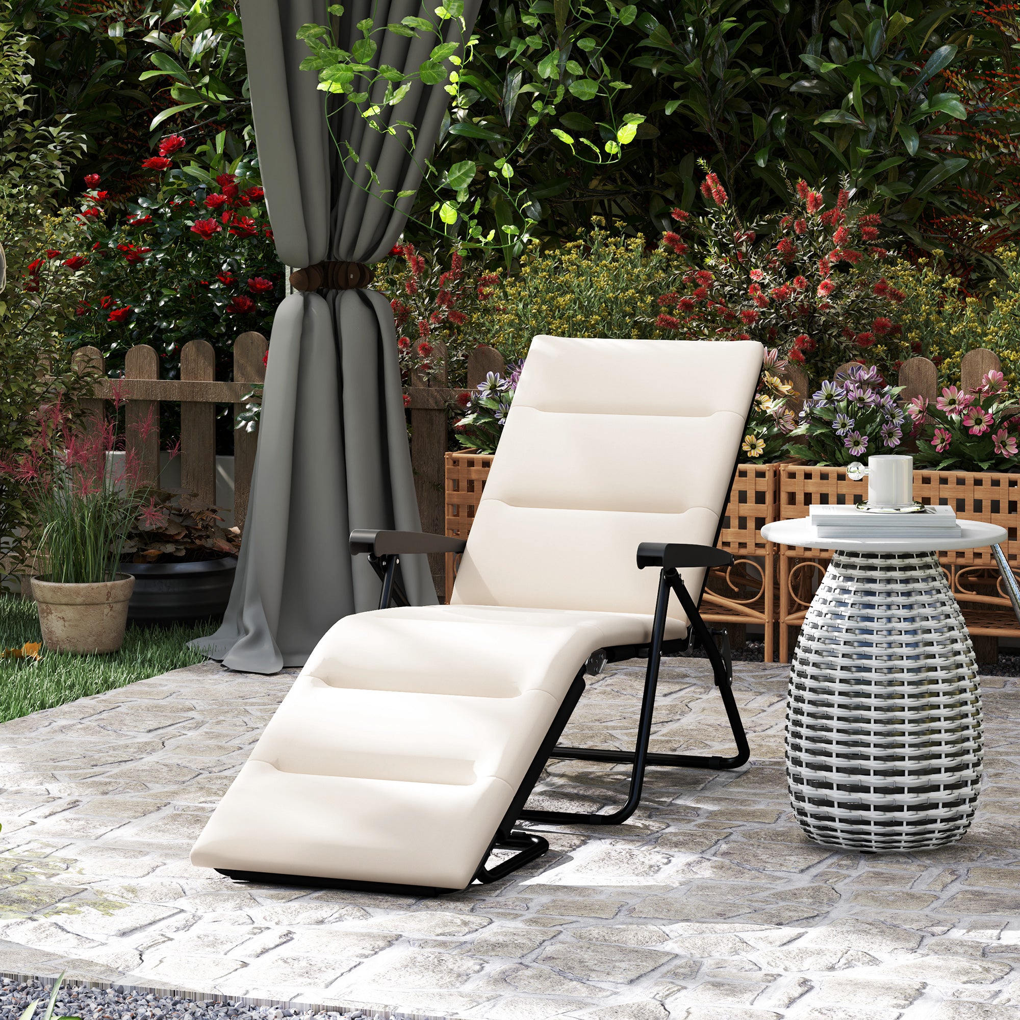 Foldable Sun Lounger Reclining 6 Positions High Comfort with Mattress + Armrests Steel Polyester Cream