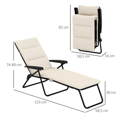 Foldable Sun Lounger Reclining 6 Positions High Comfort with Mattress + Armrests Steel Polyester Cream