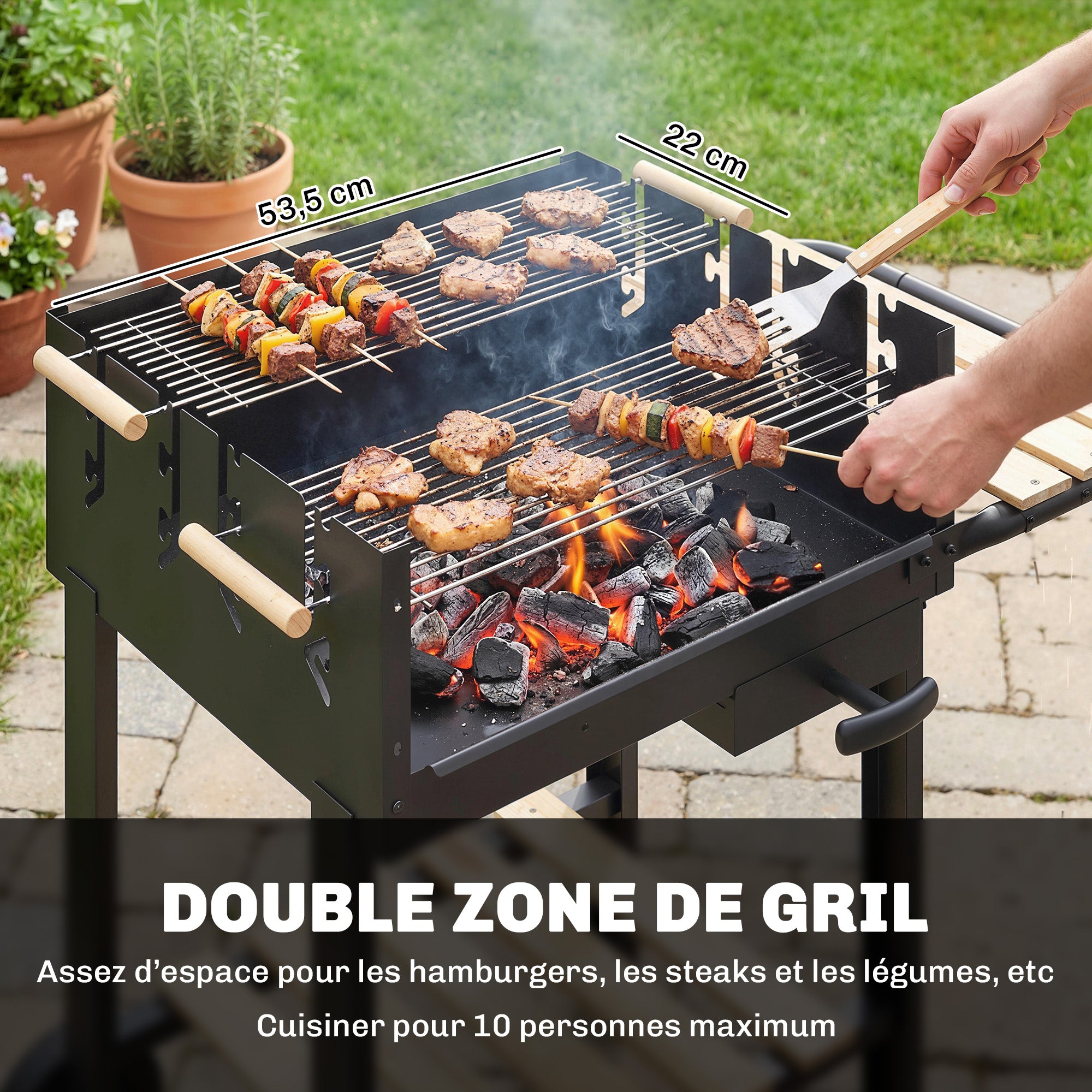 Wood-Trim Charcoal Grill Cart with 2 Adjustable Cooking Grates, Side Shelf, Lower Shelf, Ash Drawer & Wheels — Black