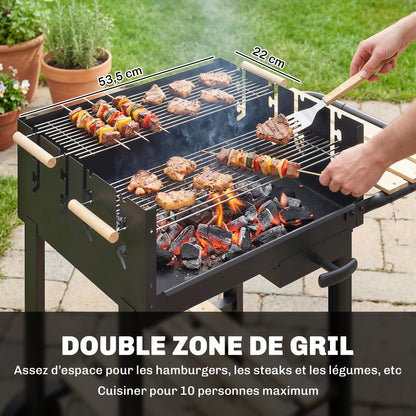 Wood-Trim Charcoal Grill Cart with 2 Adjustable Cooking Grates, Side Shelf, Lower Shelf, Ash Drawer & Wheels — Black