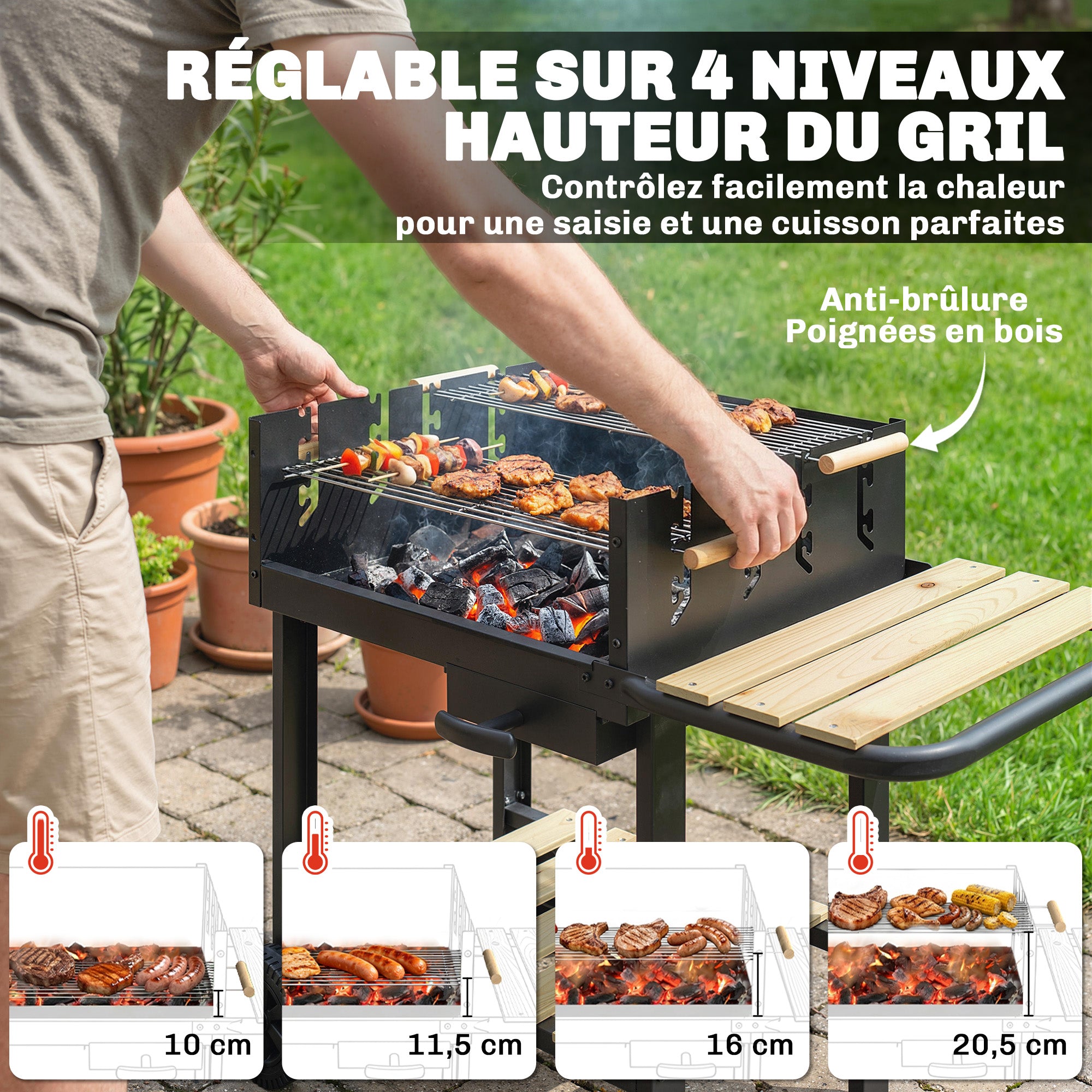 Wood-Trim Charcoal Grill Cart with 2 Adjustable Cooking Grates, Side Shelf, Lower Shelf, Ash Drawer & Wheels — Black