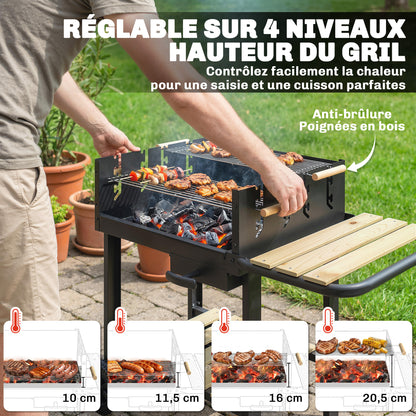 Wood-Trim Charcoal Grill Cart with 2 Adjustable Cooking Grates, Side Shelf, Lower Shelf, Ash Drawer & Wheels — Black