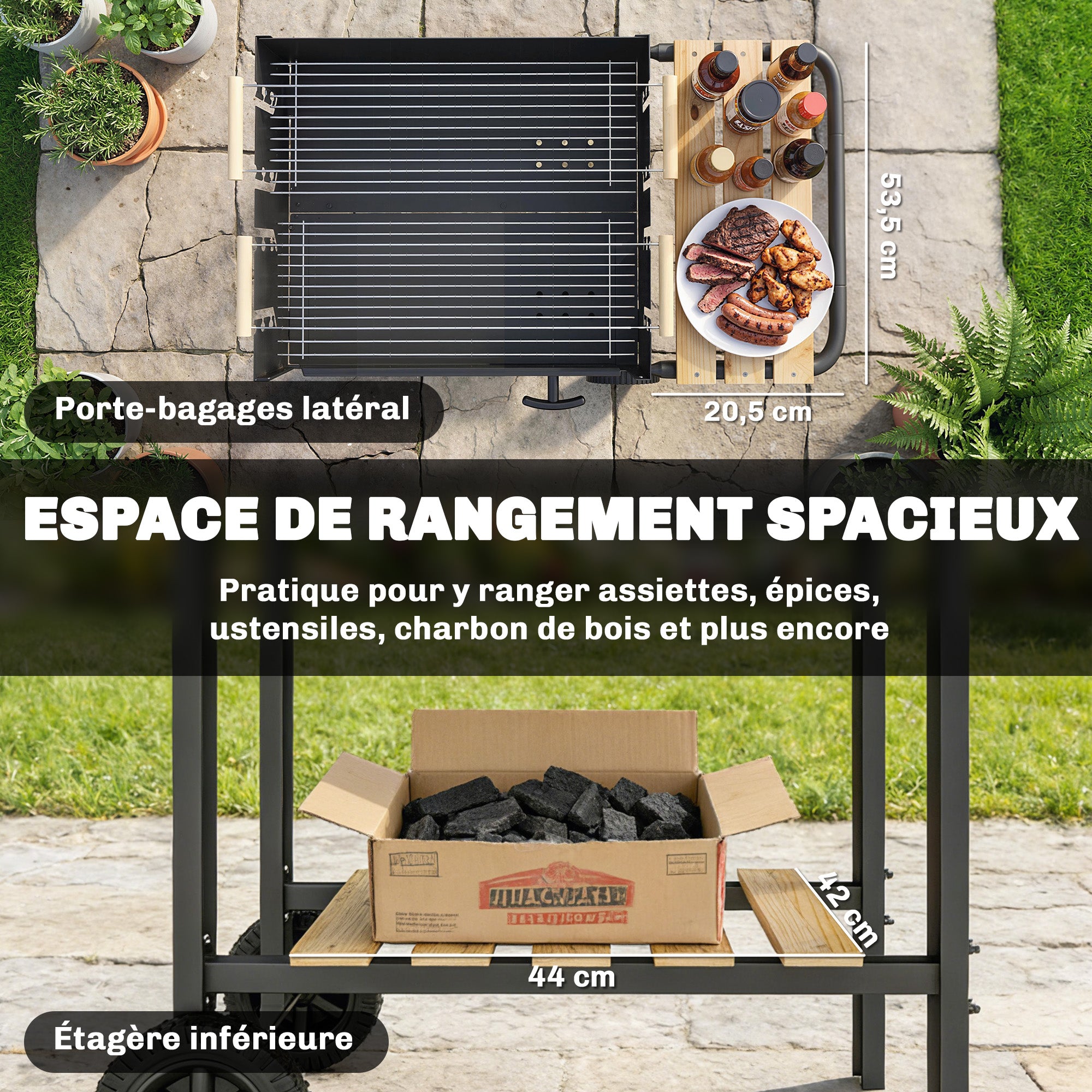 Wood-Trim Charcoal Grill Cart with 2 Adjustable Cooking Grates, Side Shelf, Lower Shelf, Ash Drawer & Wheels — Black