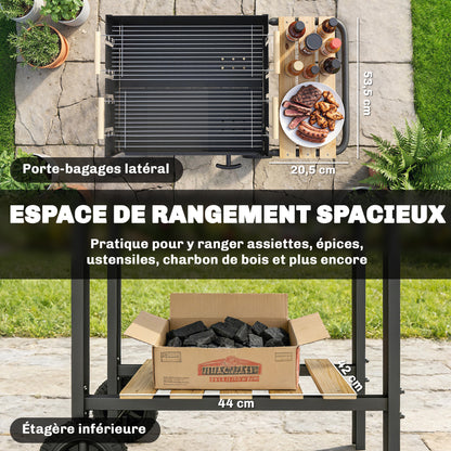 Wood-Trim Charcoal Grill Cart with 2 Adjustable Cooking Grates, Side Shelf, Lower Shelf, Ash Drawer & Wheels — Black