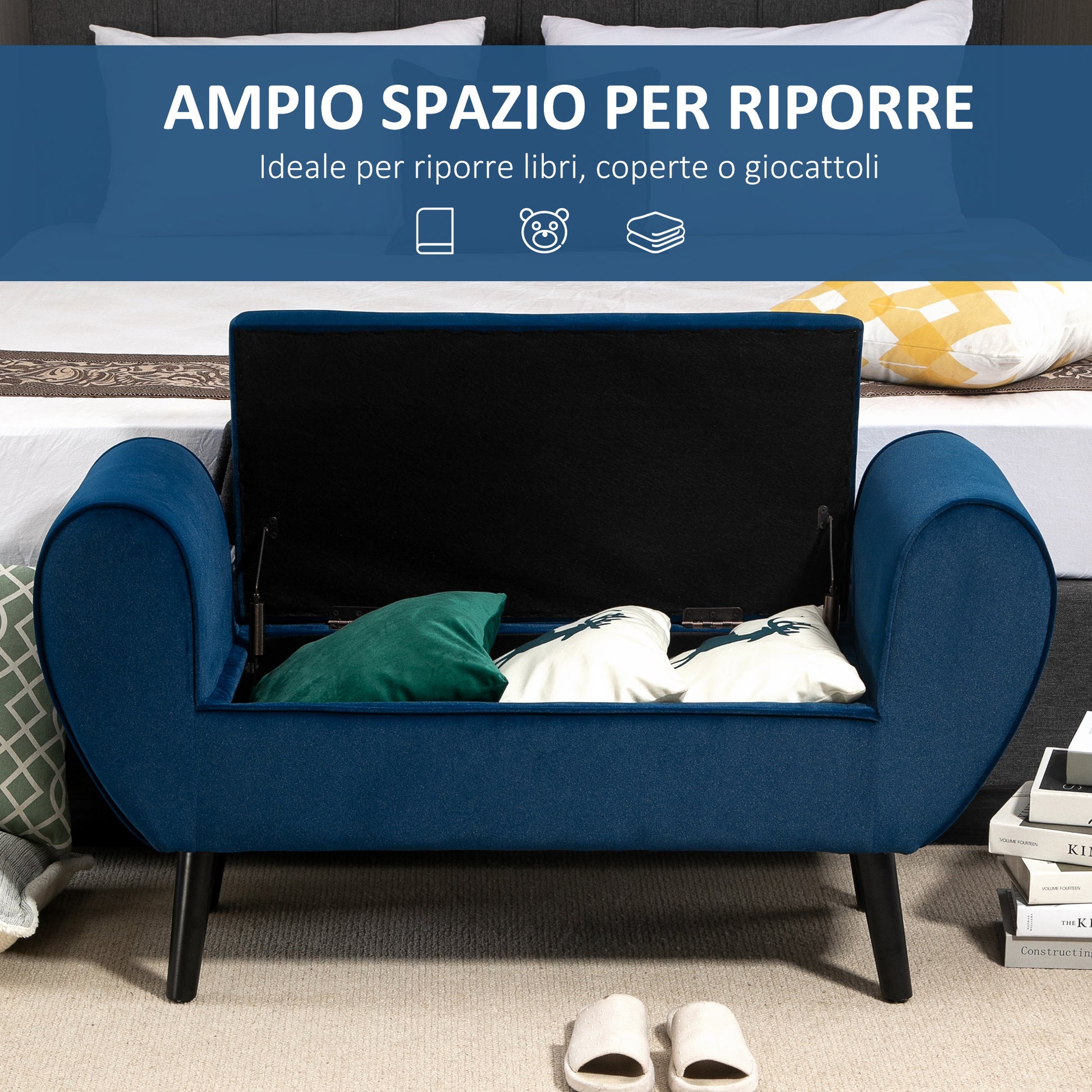 Upholstered Storage Bench for Bedroom and Entryway, End-of-Bed Bench in Velvet Fabric with Armrests, 118x42x66cm, Blue