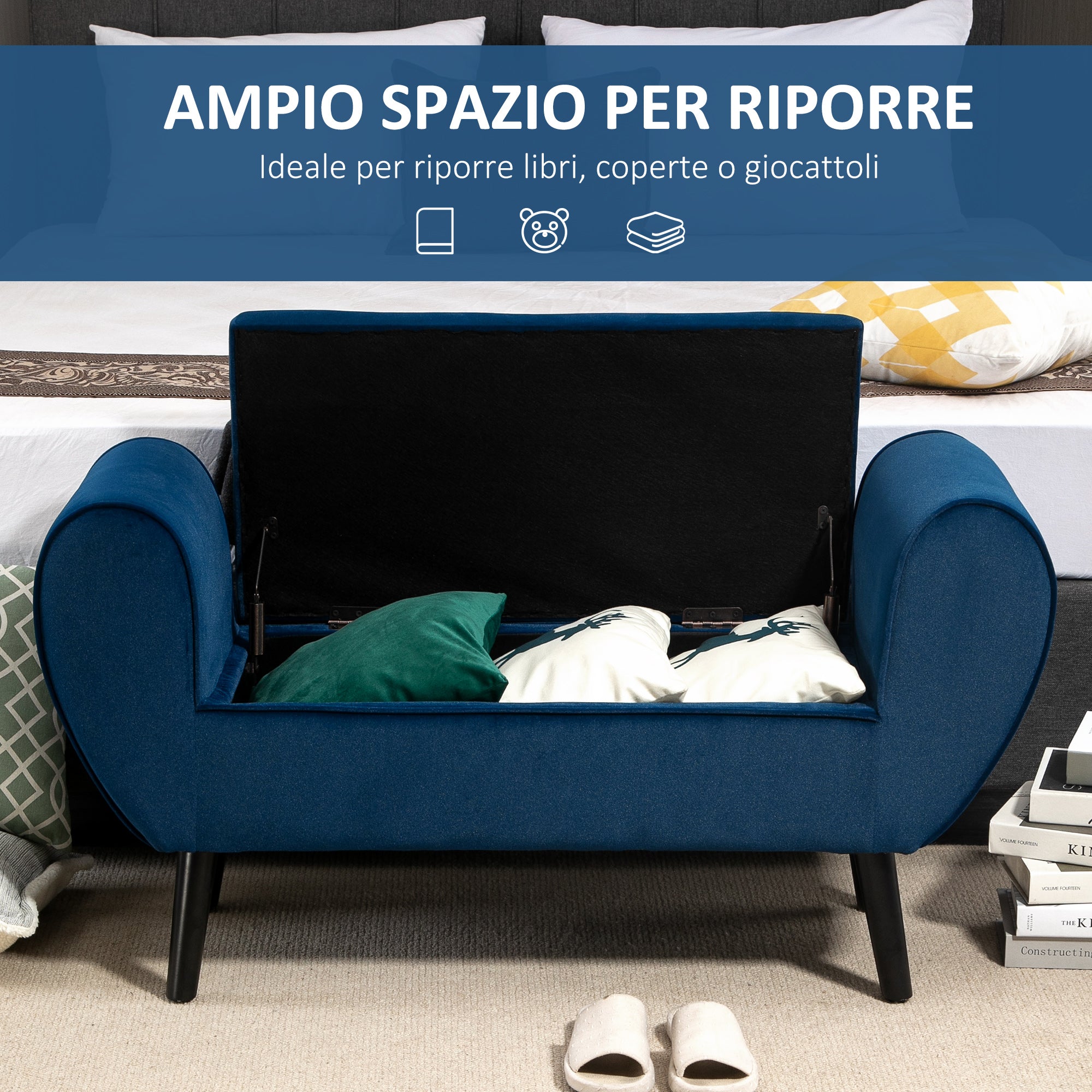 Upholstered Storage Bench for Bedroom and Entryway, End-of-Bed Bench in Velvet Fabric with Armrests, 118x42x66cm, Blue