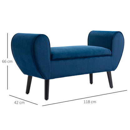 Upholstered Storage Bench for Bedroom and Entryway, End-of-Bed Bench in Velvet Fabric with Armrests, 118x42x66cm, Blue