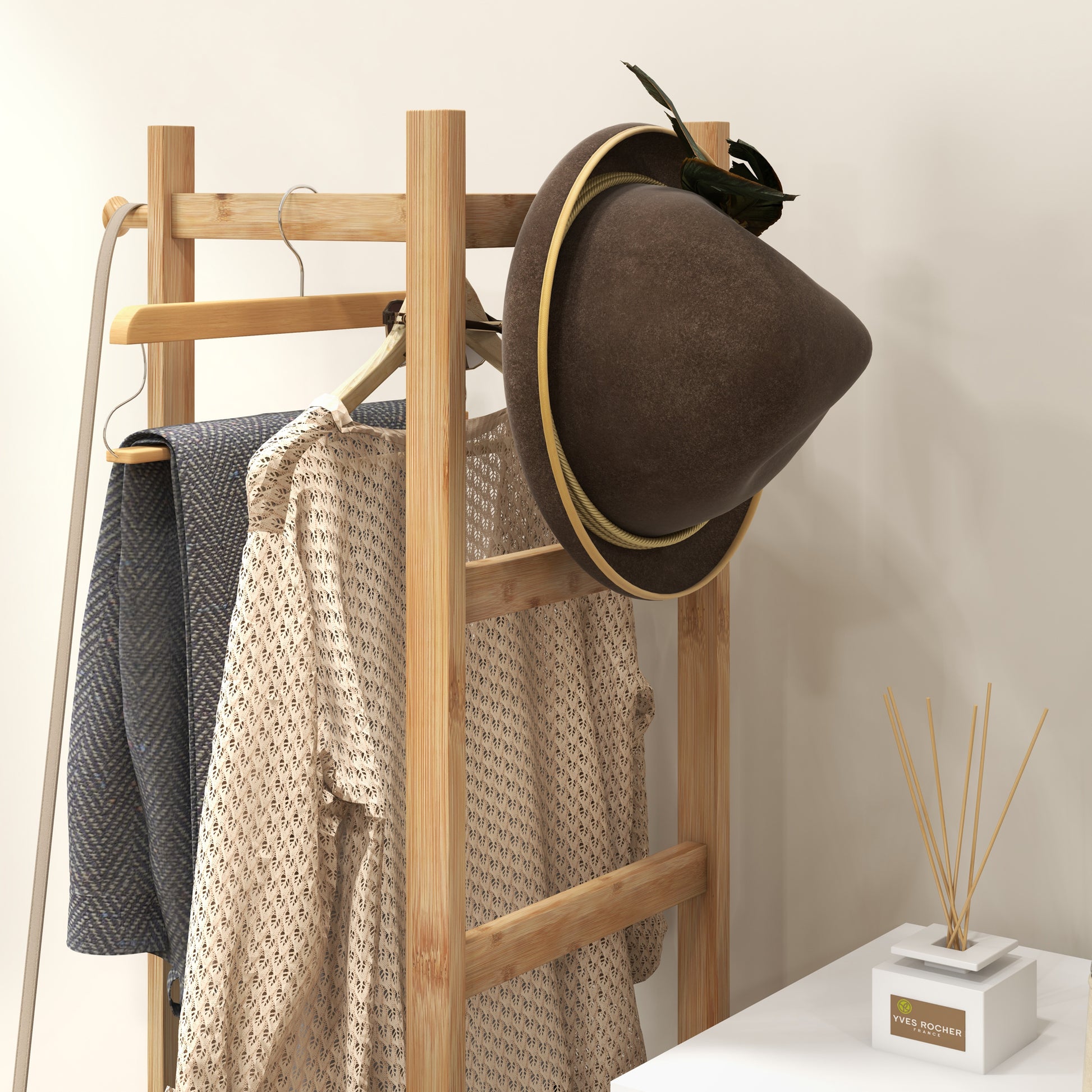Bamboo Clothes Rack, Wooden Wardrobe Stand with Rod, Shelves, Hooks, 4 Side Bars dim. 46L x 28.5W x 153.5H cm