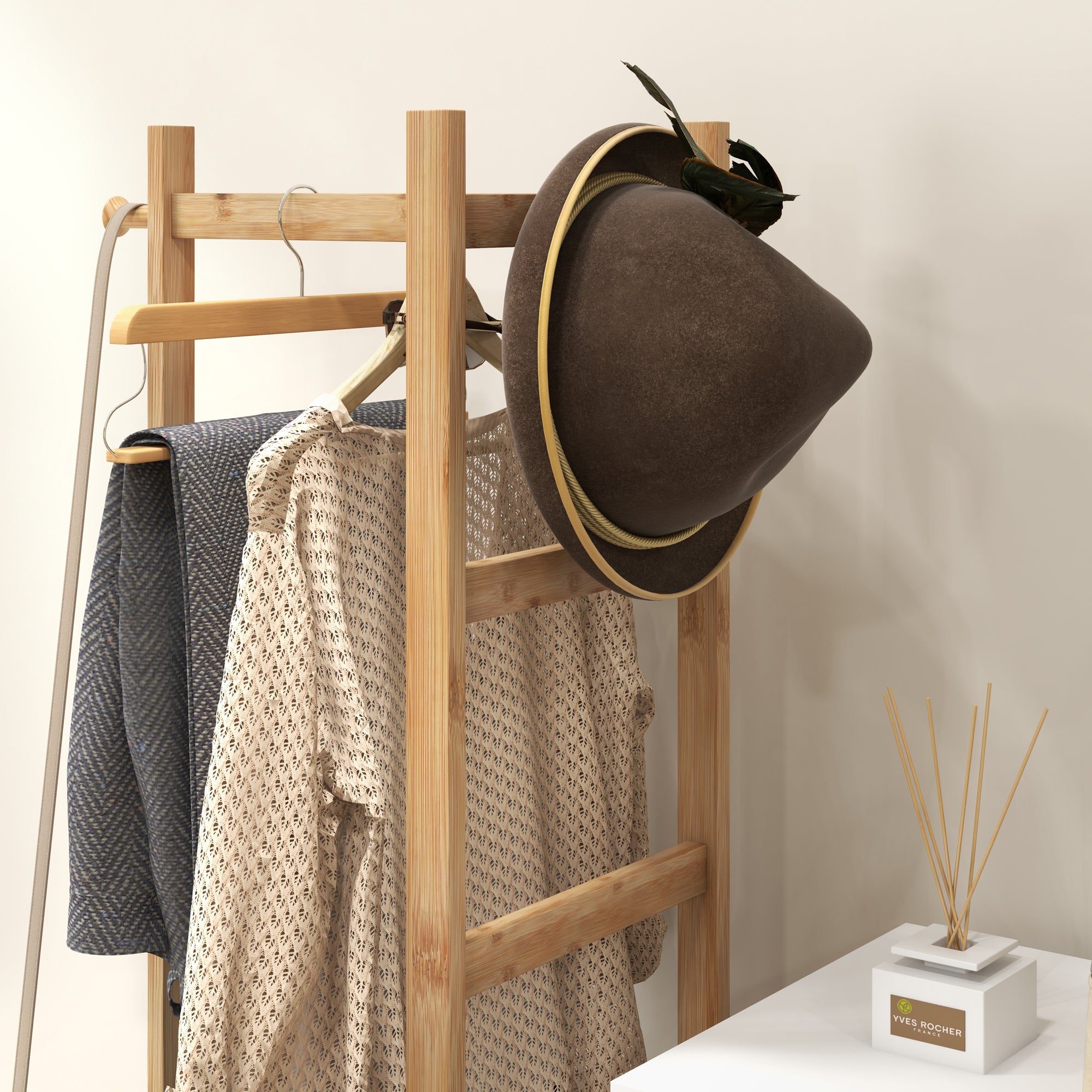 Bamboo Clothes Rack, Wooden Wardrobe Stand with Rod, Shelves, Hooks, 4 Side Bars dim. 46L x 28.5W x 153.5H cm