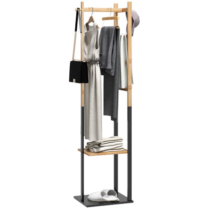 Bamboo Clothes Rack, Wooden Wardrobe Stand with Rod, Shelves, Hooks, 4 Side Bars dim. 46L x 28.5W x 153.5H cm