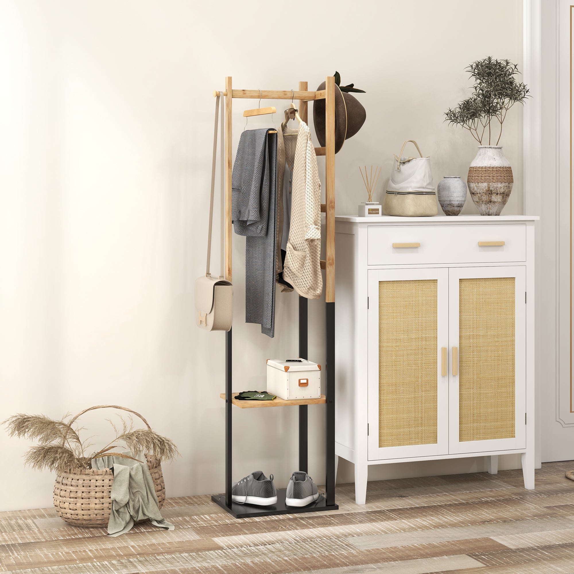 Bamboo Clothes Rack, Wooden Wardrobe Stand with Rod, Shelves, Hooks, 4 Side Bars dim. 46L x 28.5W x 153.5H cm