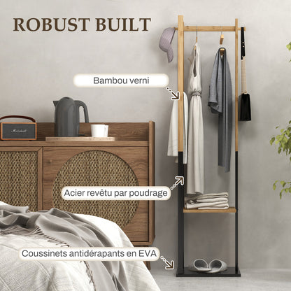 Bamboo Clothes Rack, Wooden Wardrobe Stand with Rod, Shelves, Hooks, 4 Side Bars dim. 46L x 28.5W x 153.5H cm