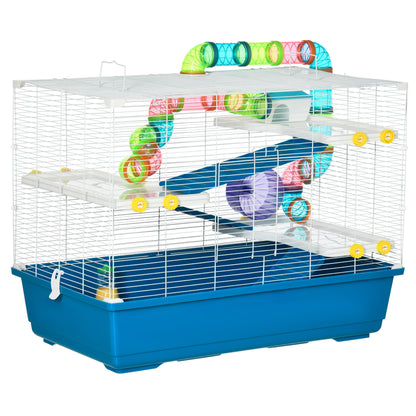 Hamster Cage with 4 Levels, Wheel, House, and Tubes, Rodent Cage in Steel, PP and PS with Transport Handles, 79x46x60 cm, Blue and White