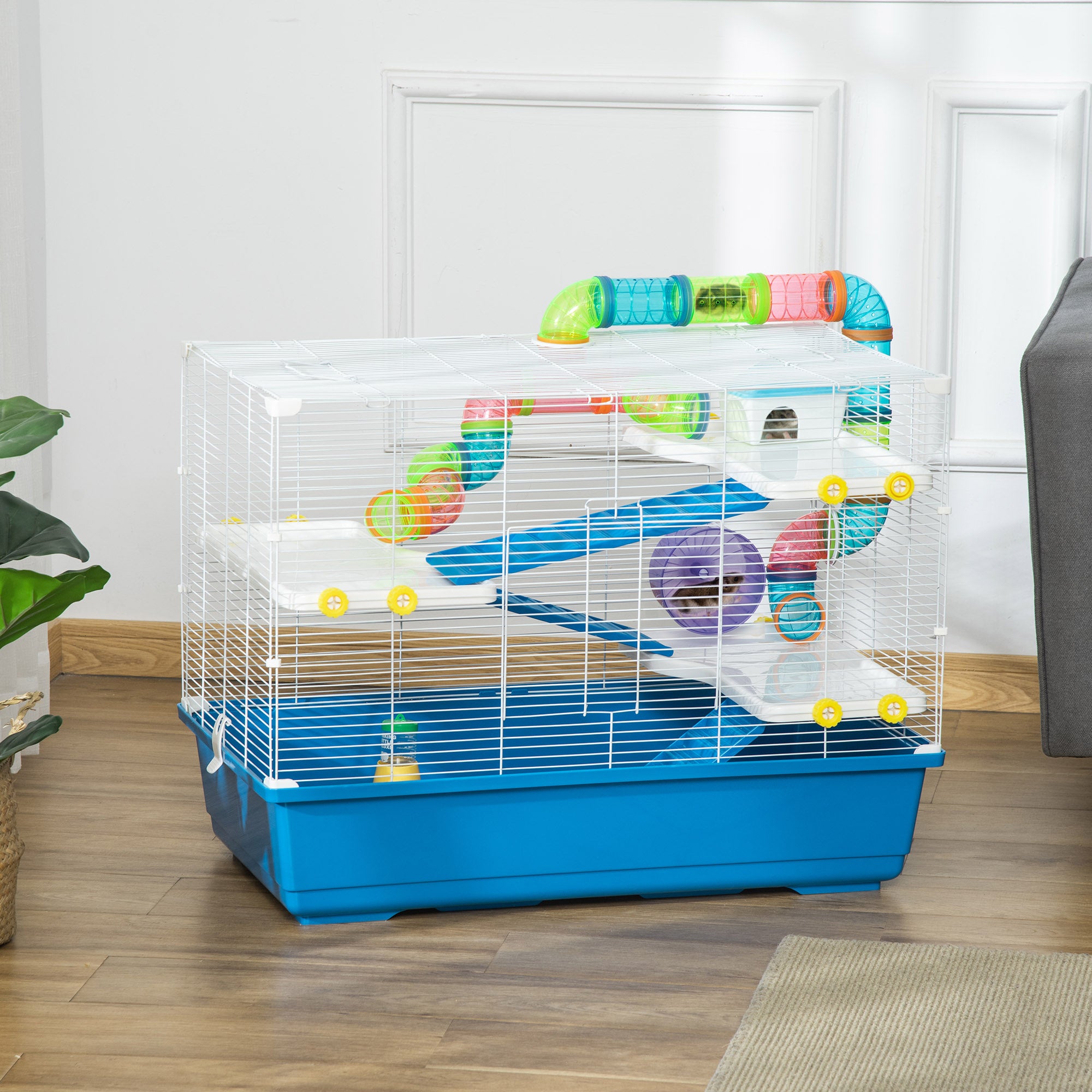 Hamster Cage with 4 Levels, Wheel, House, and Tubes, Rodent Cage in Steel, PP and PS with Transport Handles, 79x46x60 cm, Blue and White