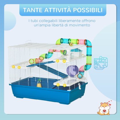 Hamster Cage with 4 Levels, Wheel, House, and Tubes, Rodent Cage in Steel, PP and PS with Transport Handles, 79x46x60 cm, Blue and White