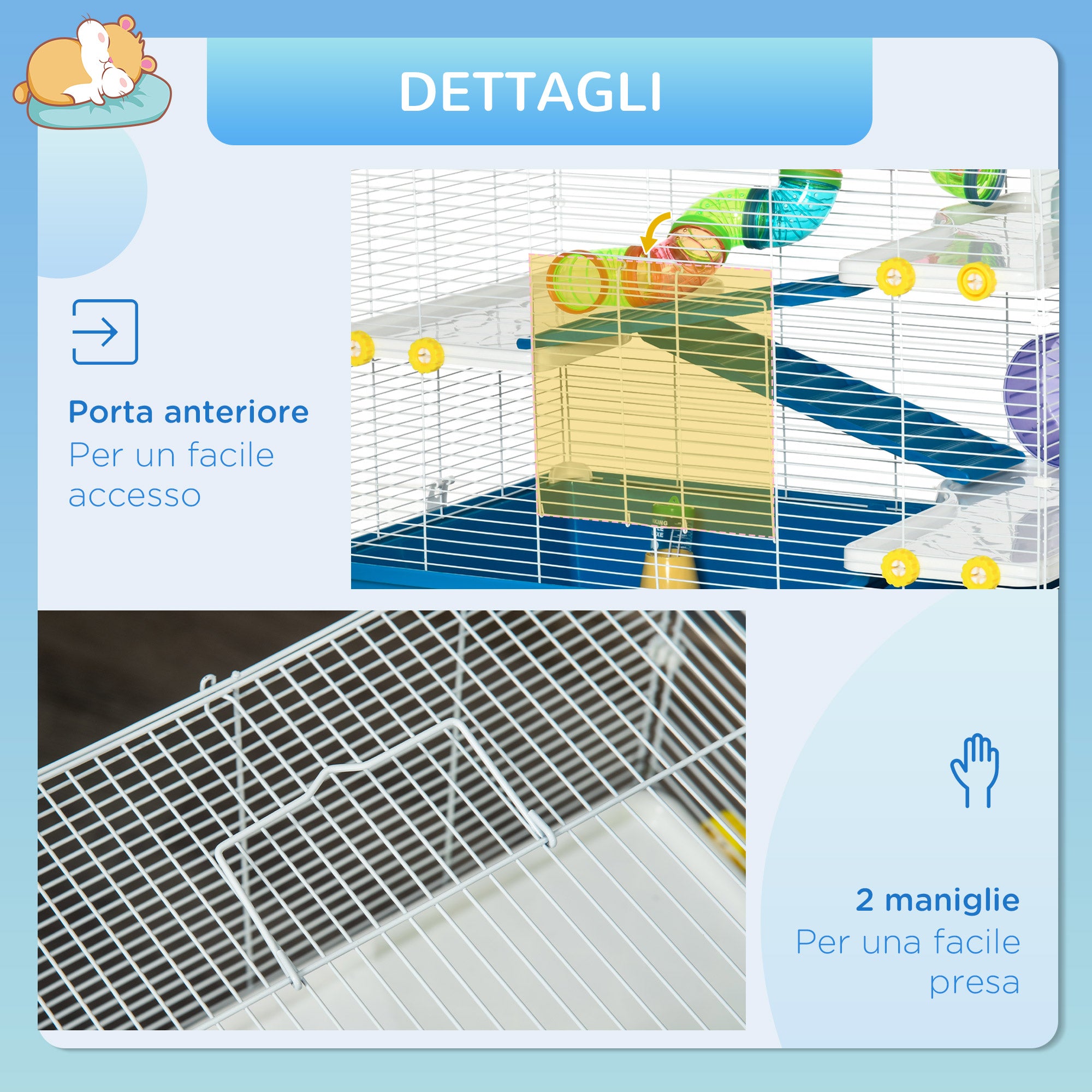 Hamster Cage with 4 Levels, Wheel, House, and Tubes, Rodent Cage in Steel, PP and PS with Transport Handles, 79x46x60 cm, Blue and White