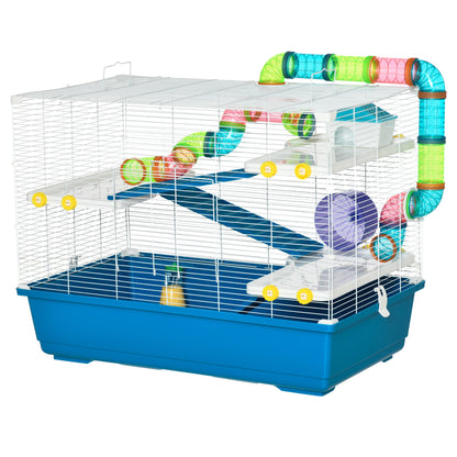 Hamster Cage with 4 Levels, Wheel, House, and Tubes, Rodent Cage in Steel, PP and PS with Transport Handles, 79x46x60 cm, Blue and White