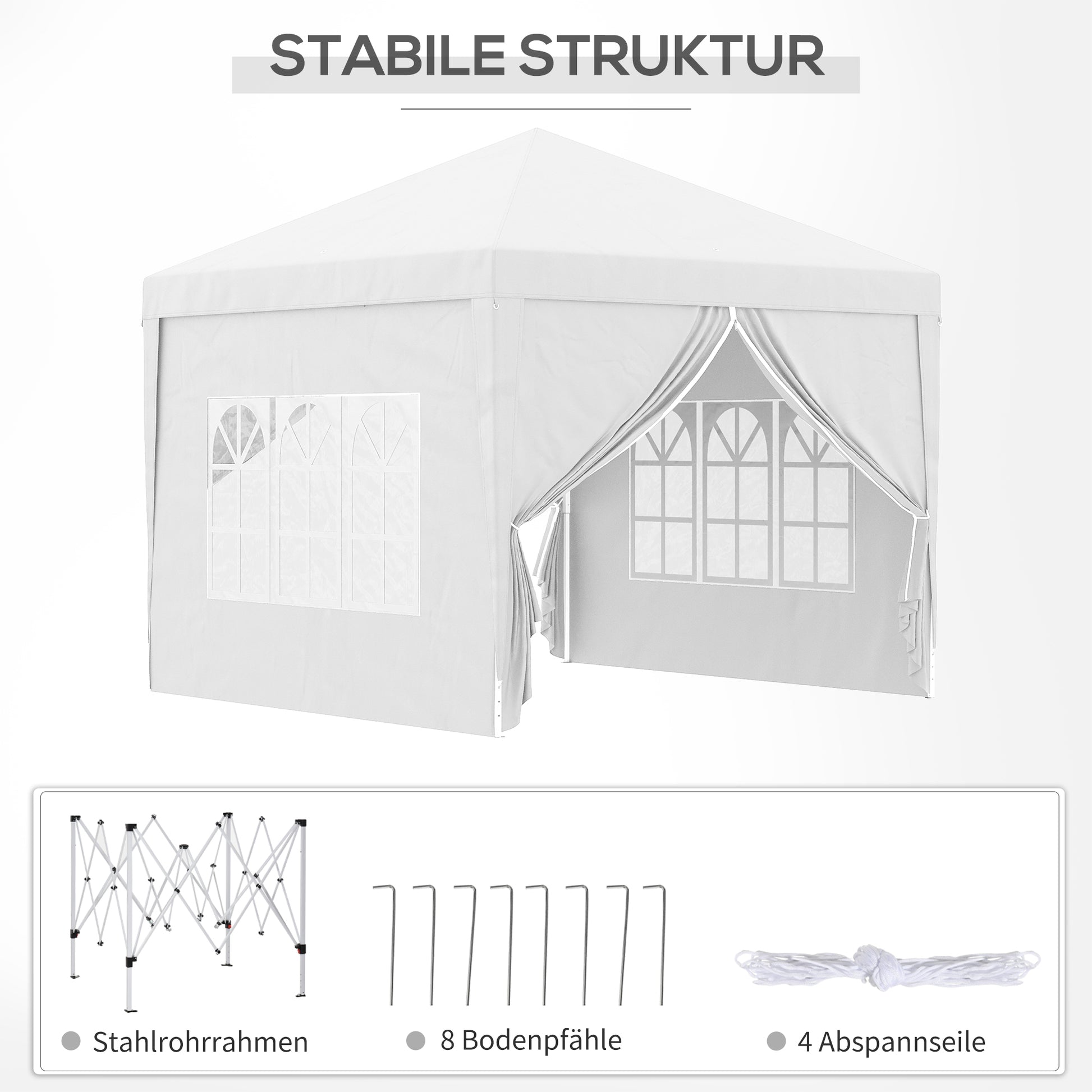 Pavilion approx. 3x3m, water-repellent Stable Winterproof Pop-up Folding Pavilion, UV Protection 50+, Foldable Party Tent Garden Tent with 4 Side Panels Bag Garden Pavilion for Camping Garden, White
