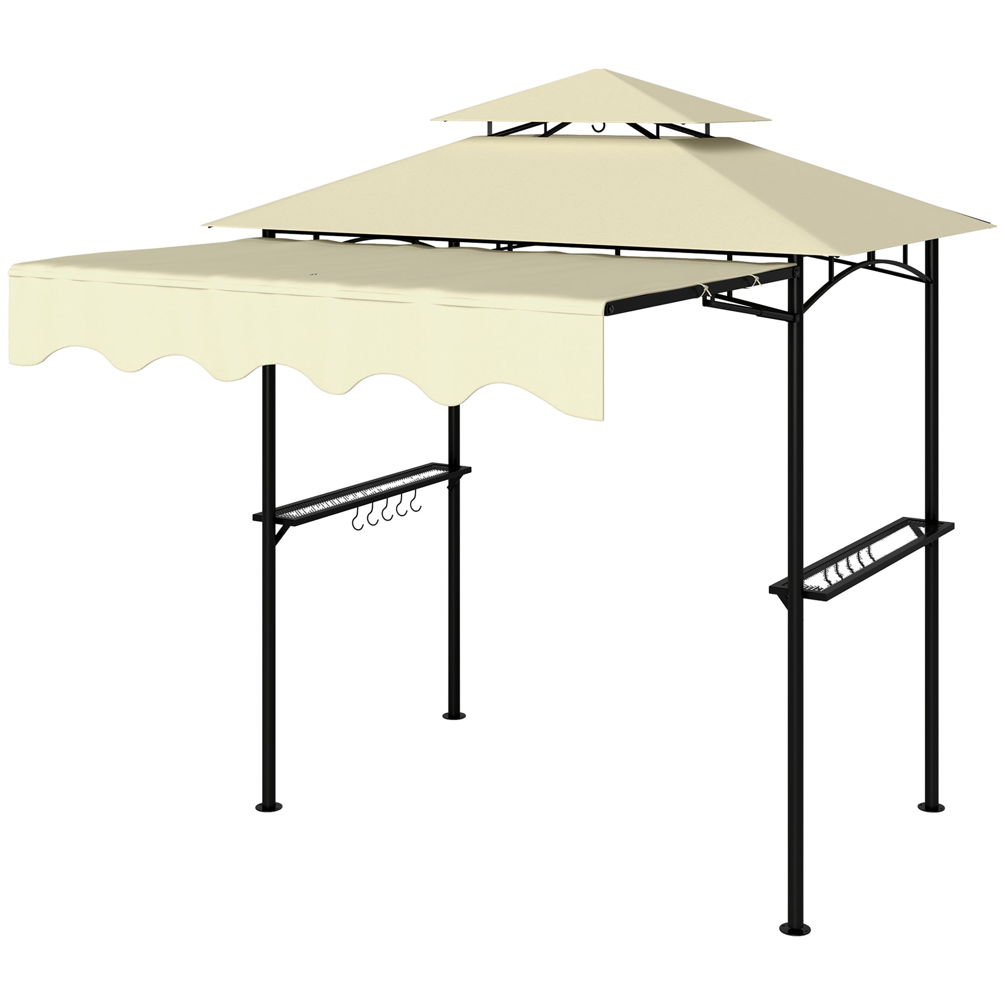 BBQ Gazebo Canopy — 7 ft 11 in x 4 ft 11 in x 8 ft 2 in, Fire-Resistant PA Roof, Double-Layer Top, Side Shelves, UV30+, Beige