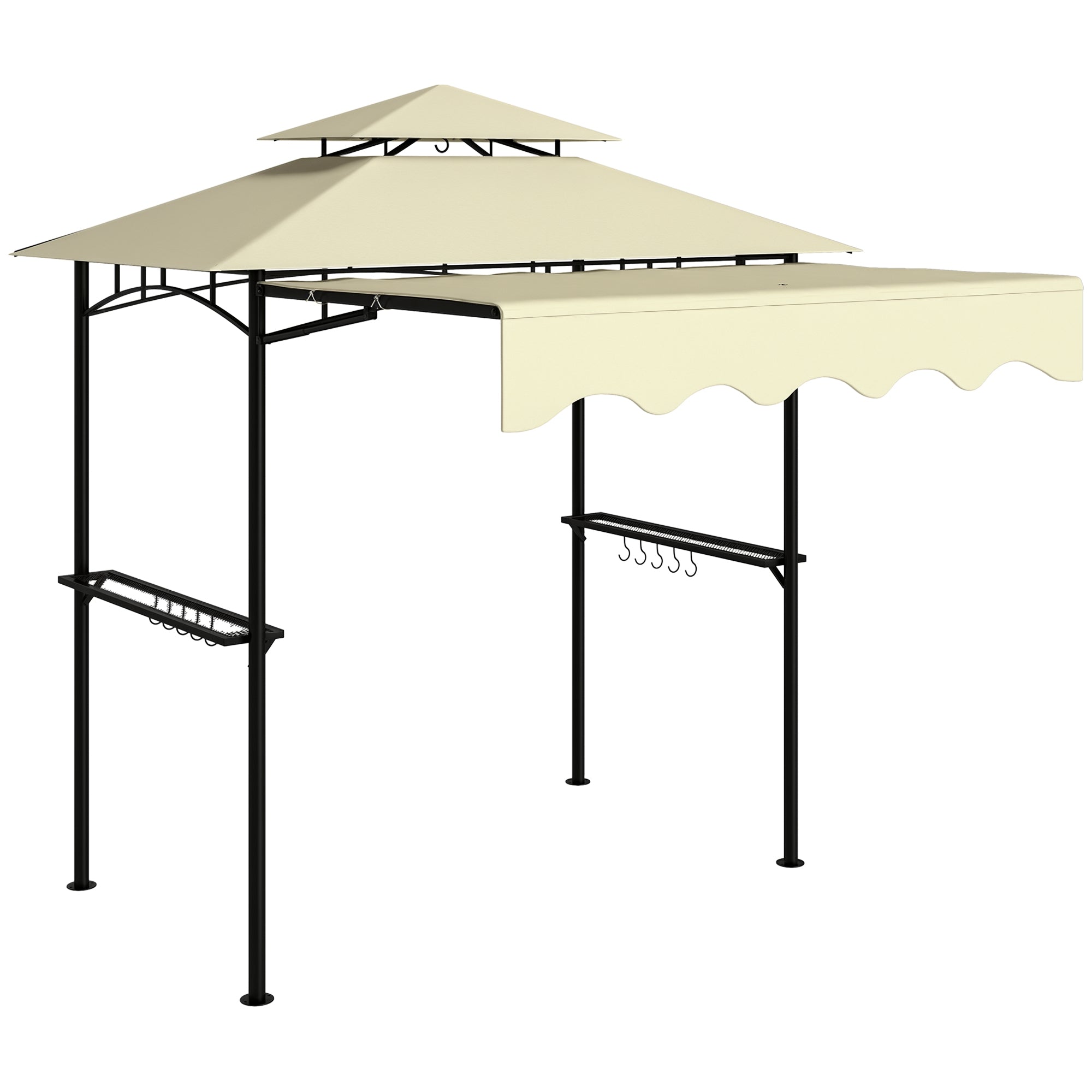 BBQ Gazebo Canopy — 7 ft 11 in x 4 ft 11 in x 8 ft 2 in, Fire-Resistant PA Roof, Double-Layer Top, Side Shelves, UV30+, Beige