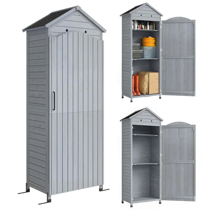 Extra-Tall Wooden Garden Storage Shed with Adjustable Shelves, Magnetic Door, Galvanized Roof, Ventilation & Anti-Tip Kit, 85 x 58 x 213 cm (33.5 x 22.8 x 84 in) – Gray