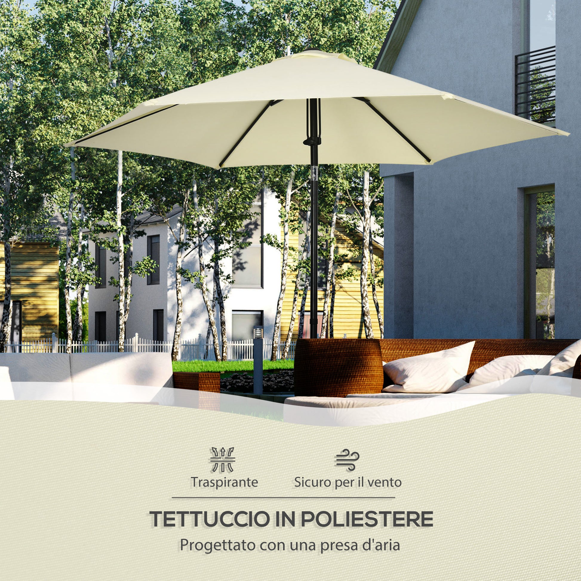 Garden Umbrella 2.7x2.5 m in Polyester and Metal with Adjustable Tilting Canopy at 45°, Beige and Black